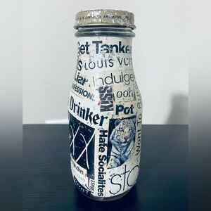 Bold Black and White Magazine Typography Print Storage Bottle Glass 6” Y2K Stash